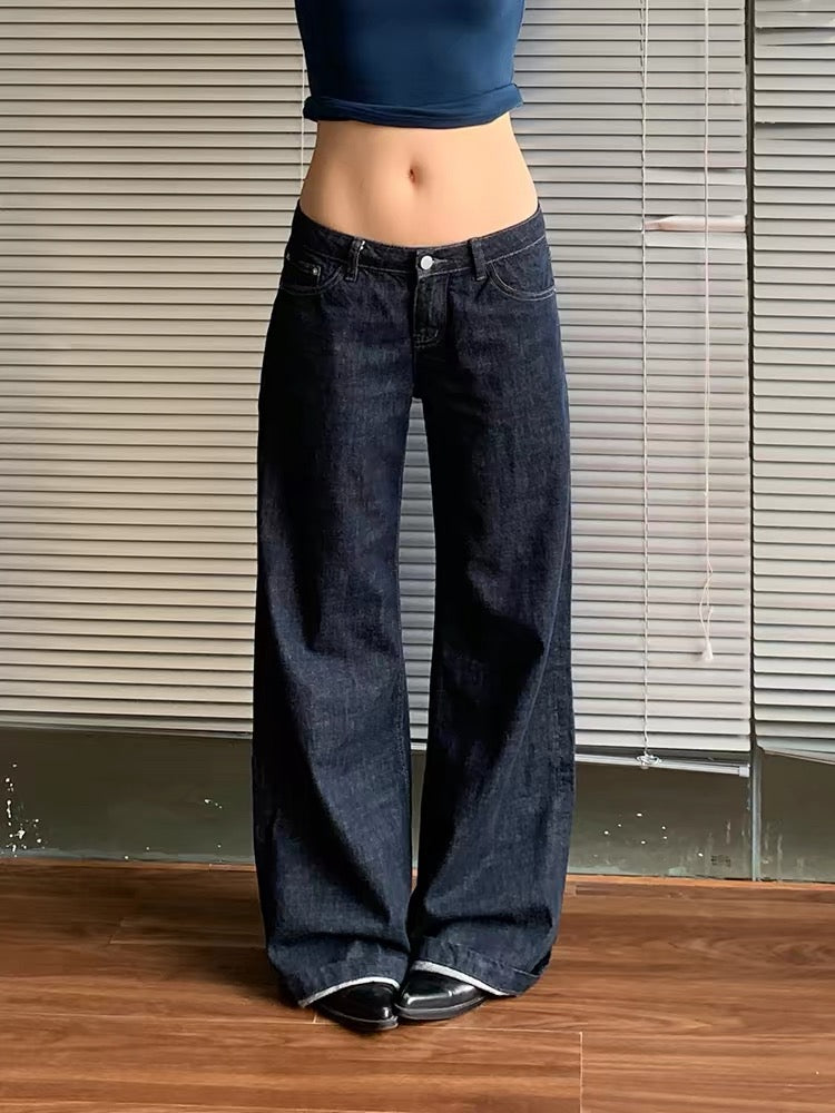 Low-Rise Straight Raw Denim Pants
