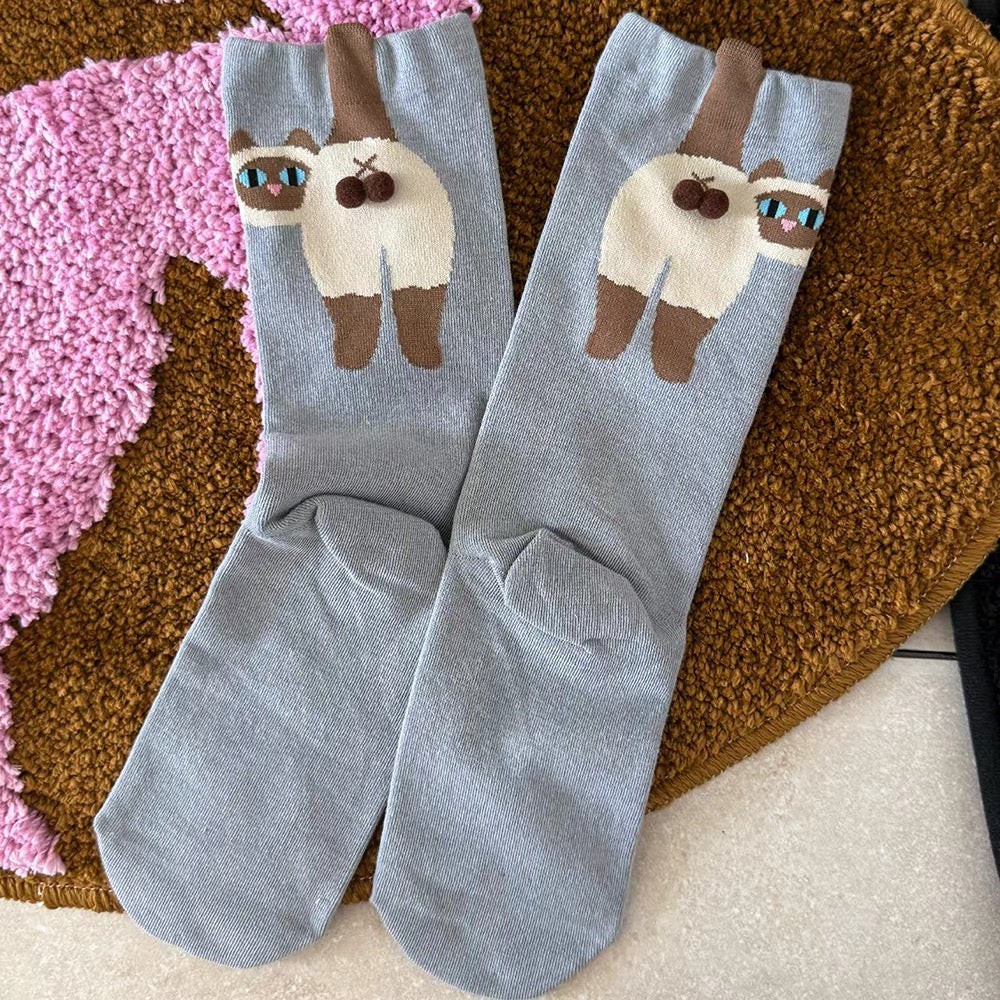 Playful 3D Cat-Appliqué Mid-Calf Socks