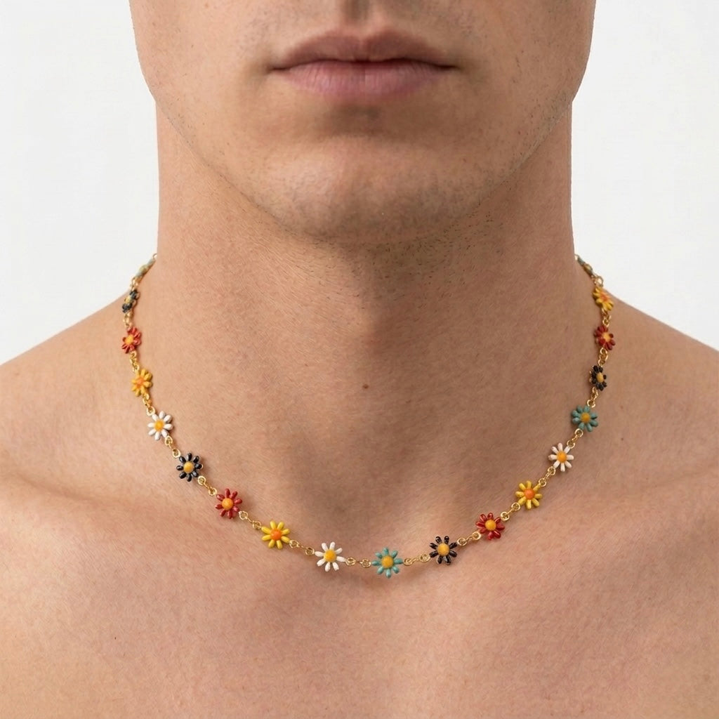 Unisex patchwork daisy collarbone chain necklace