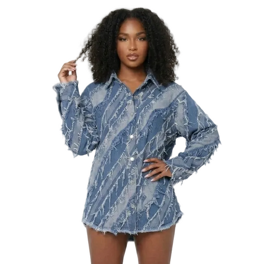 Women's Raw-Edge Patchwork Oversized Denim Jacket