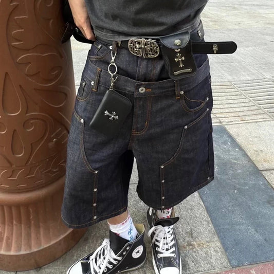 Unisex Double-Waist Layered Denim Shorts