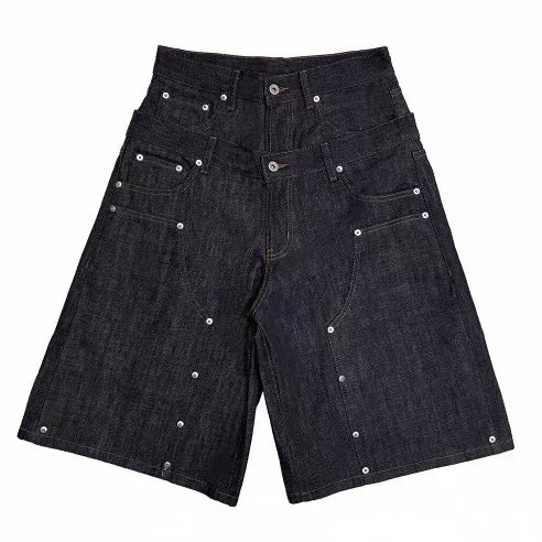Unisex Double-Waist Layered Denim Shorts