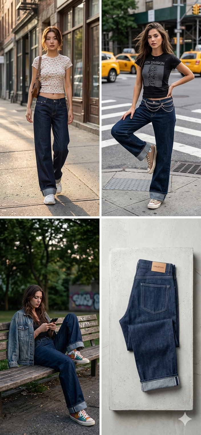 Low-Rise Straight Raw Denim Pants