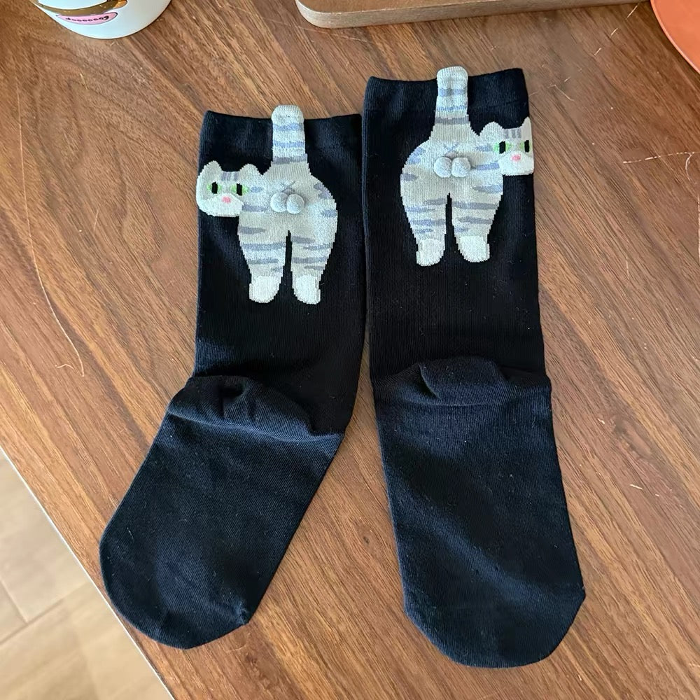 Playful 3D Cat-Appliqué Mid-Calf Socks