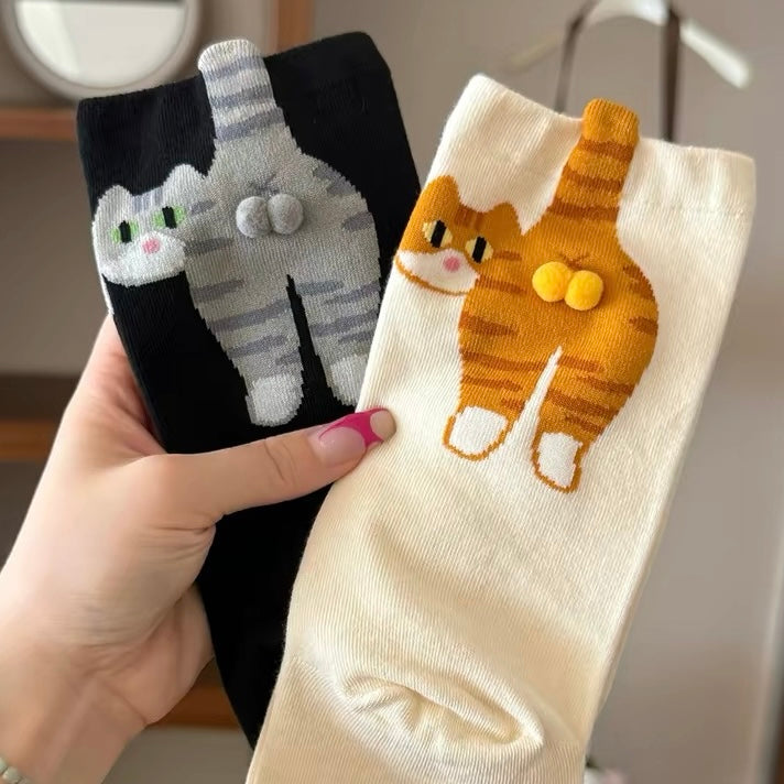 Playful 3D Cat-Appliqué Mid-Calf Socks