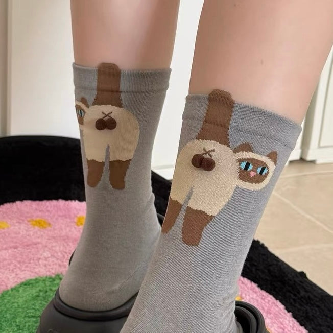 Playful 3D Cat-Appliqué Mid-Calf Socks