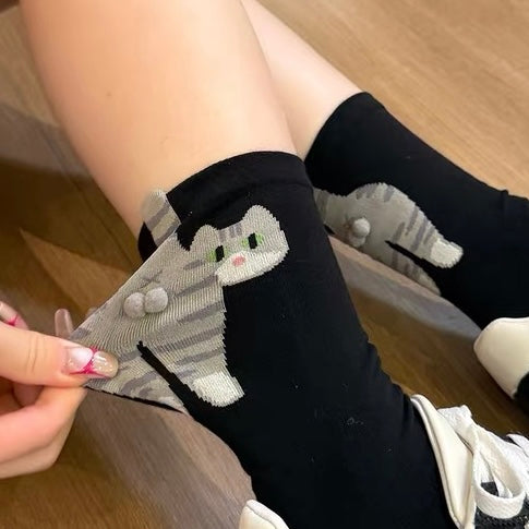 Playful 3D Cat-Appliqué Mid-Calf Socks